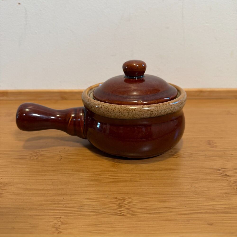 Vintage Brown Stoneware Soup Crock w Lid Handle French Onion Chili Bowl 5"